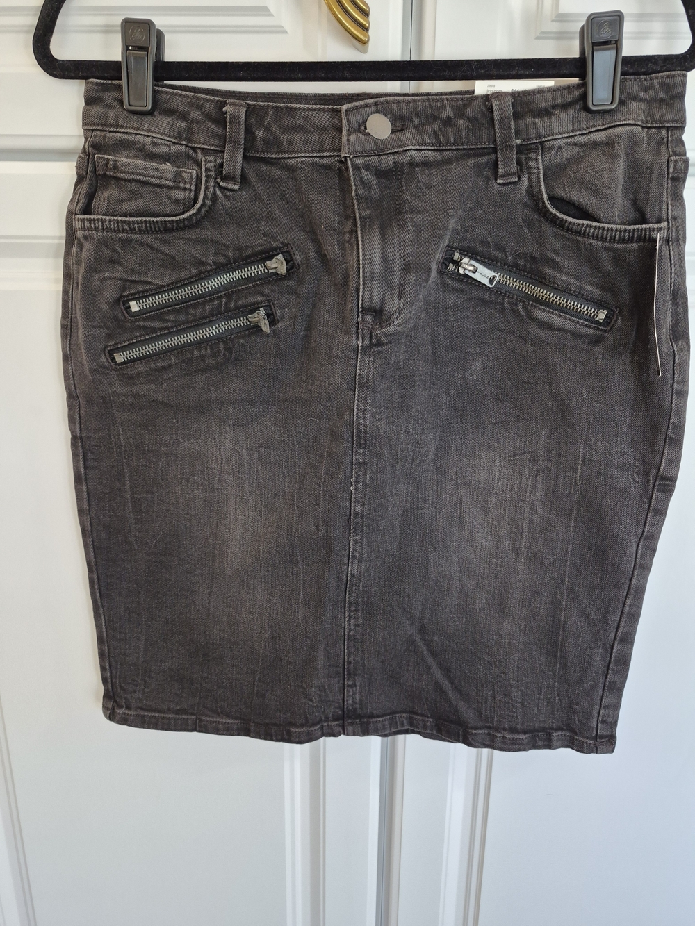 NWT a.n.a. Black Denim Pencil Skirt with Zip Pocket Details. 28" W, 20"L, Size6